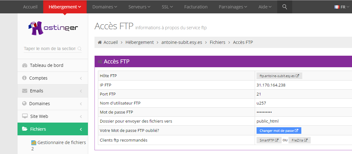 Detail des information accès FTP de votre hébergement Hostinger